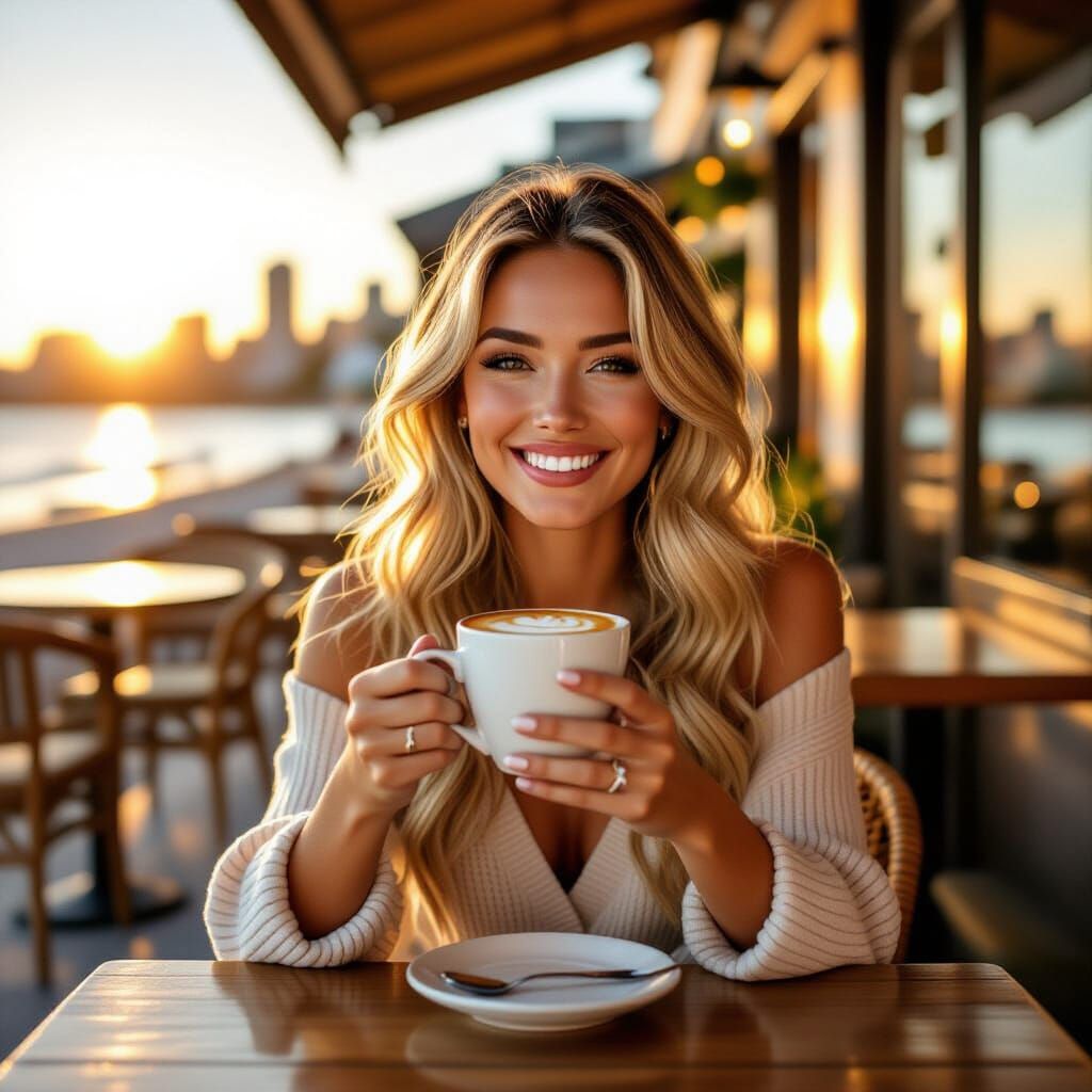 Woman Enjoying Coffee at Sunny Gold Coast Cafe