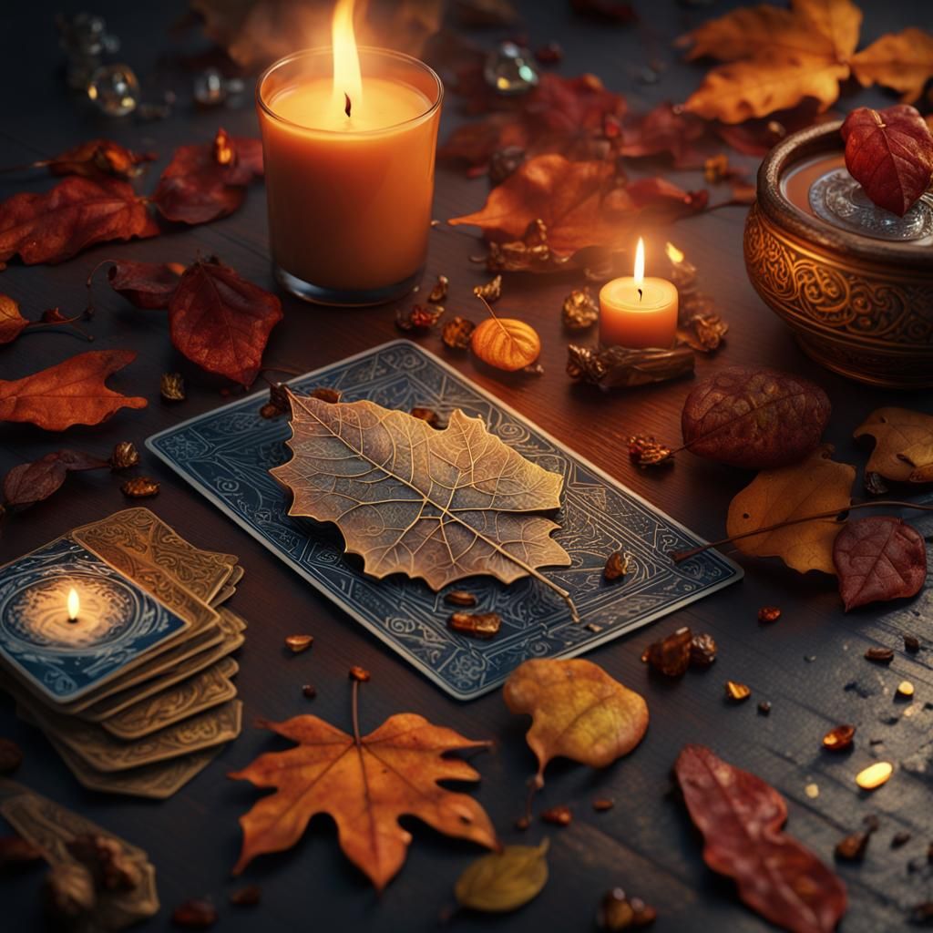 Autumn Leaf with Candle and Tarot Cards
