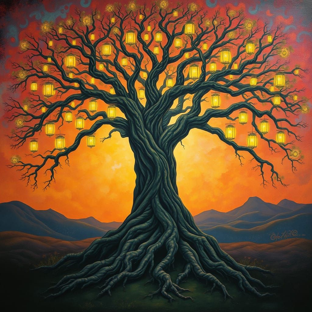A Majestic Ethereal Tree in a Surreal, Vibrant Backdrop