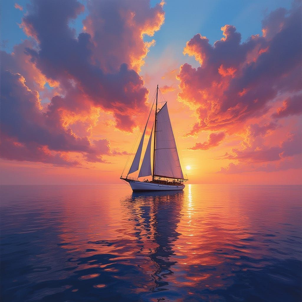 Sailboat Glides Across Ocean at Sunset in a Vibrant, Impress...