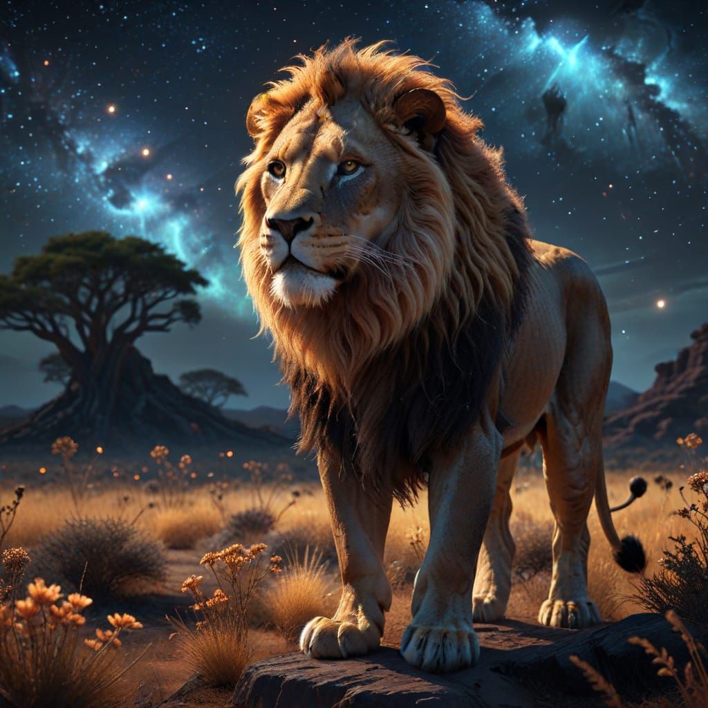 Majestic Lion on Alien Savanna Hyperrealistic Digital Art