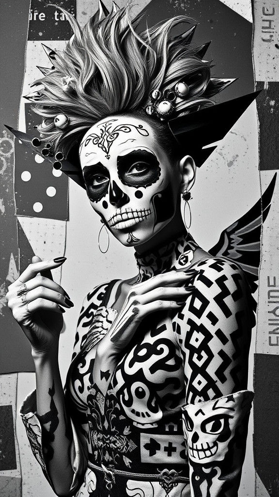 Geometric Sugar Skull Model in Dadaist Fashion Photograph