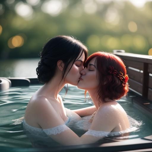 Nude Women Kissing in Hot Tub: Professional Photo