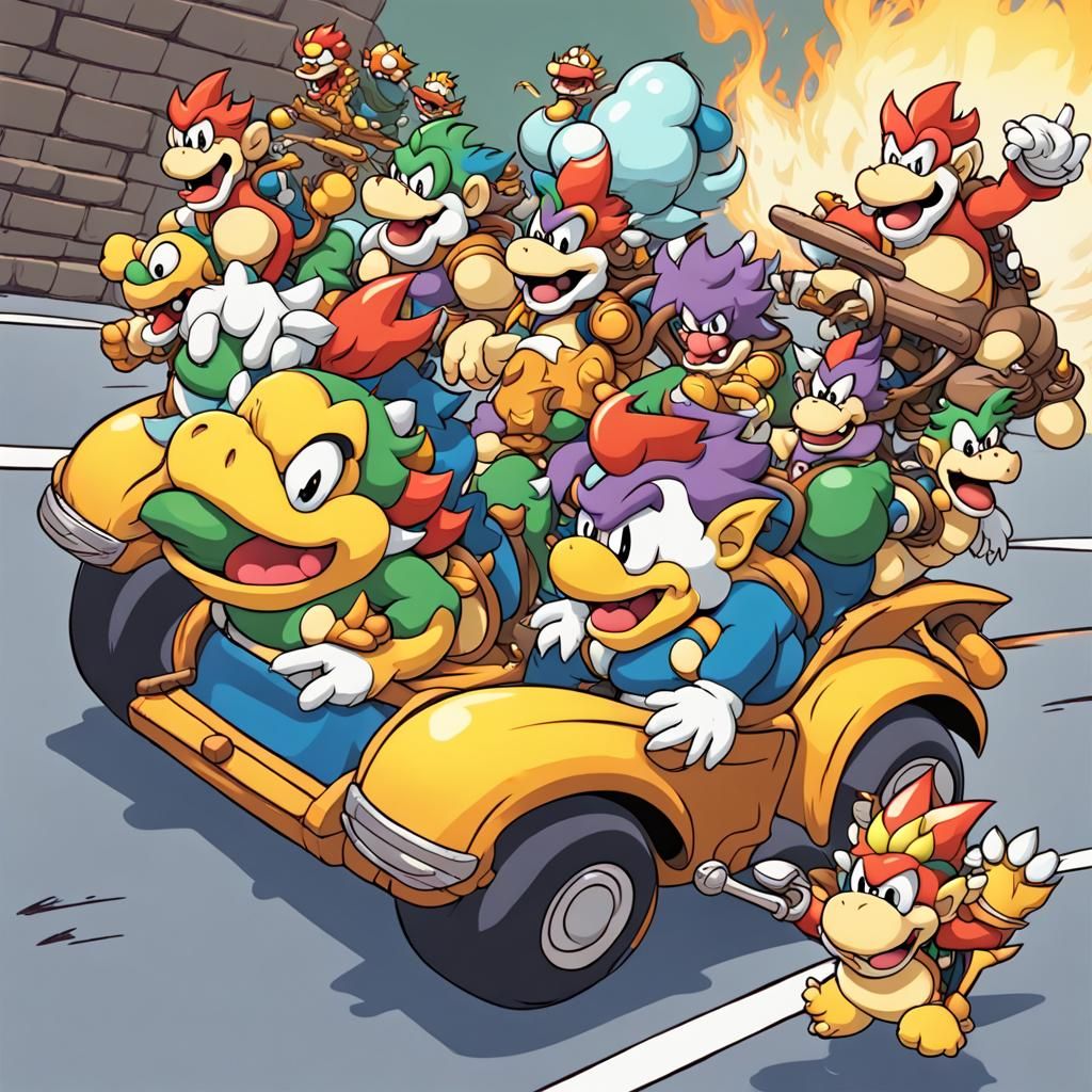 Koopalings Chase Bowser in Clown Car