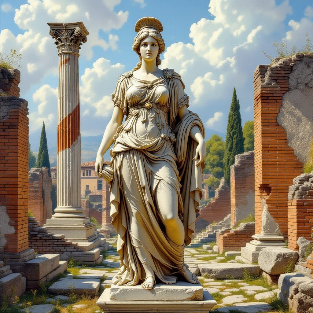 Roman Ruins Statue: Detailed Fantasy Oil Painting