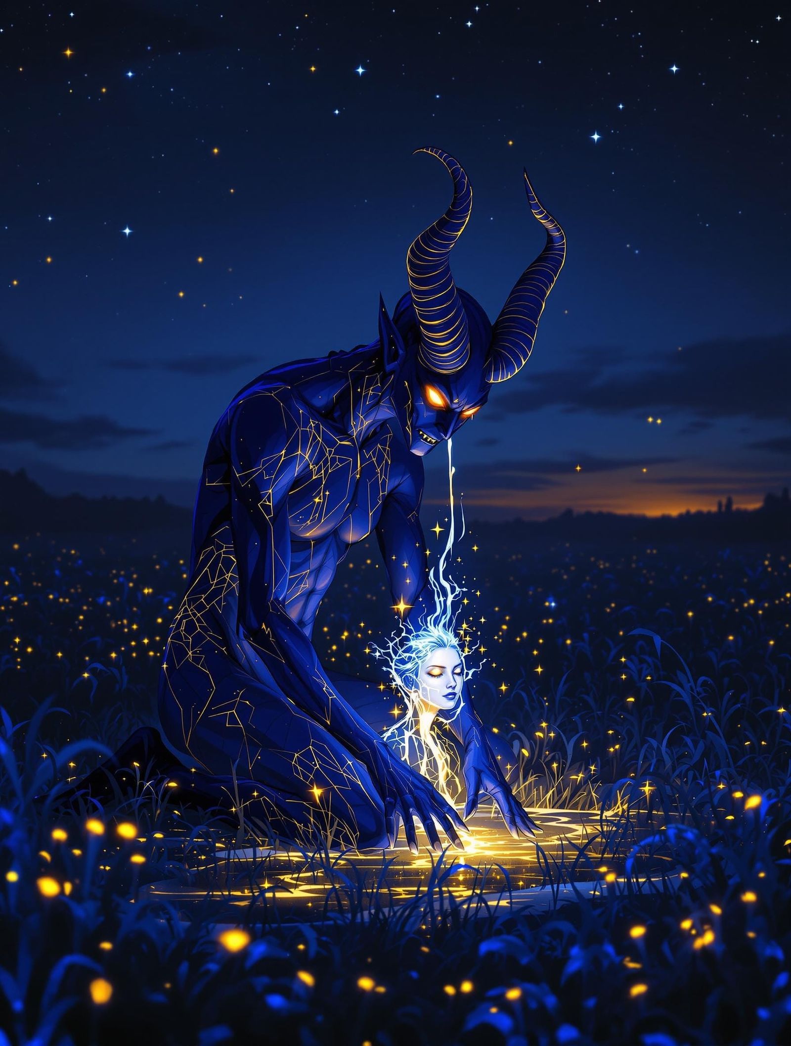 Ethereal Demon Kneels in Twilight Meadow