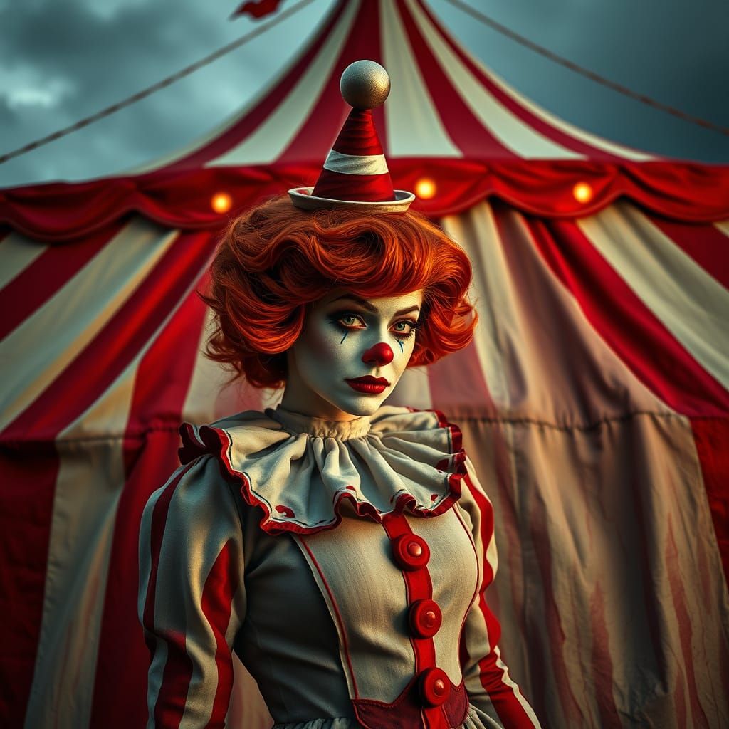 A 50's Midwestern Pin-up Girl Sighs as a Sad Clown Under a C...