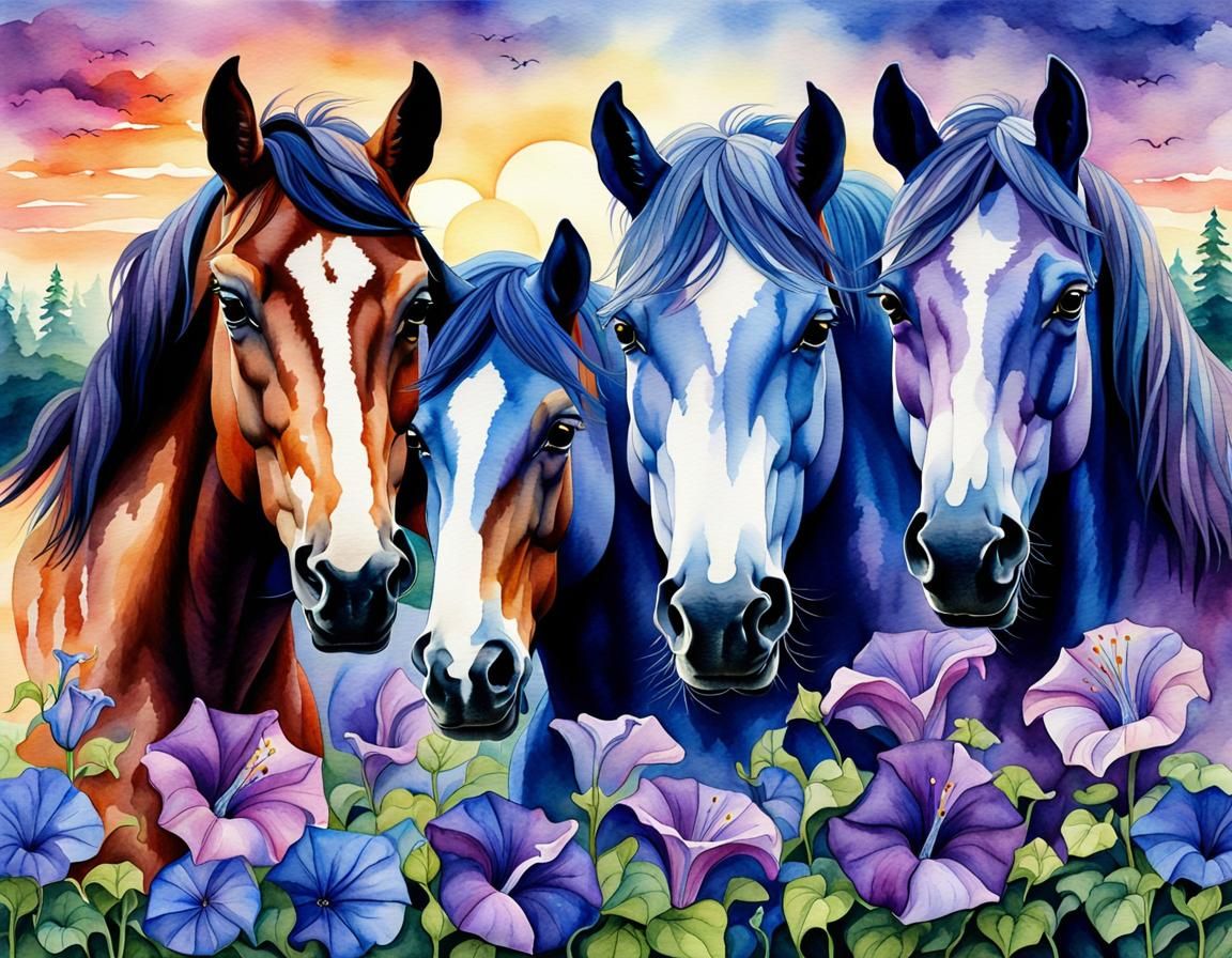 Watercolor Horses in Morning Glory Field