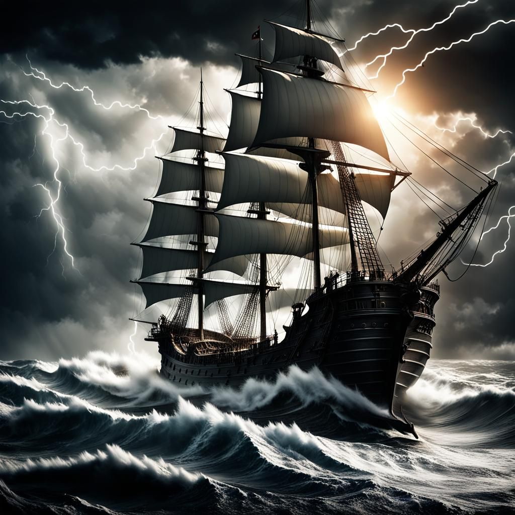 Pirate Ship Sailing Stormy Seas in Digital Painting