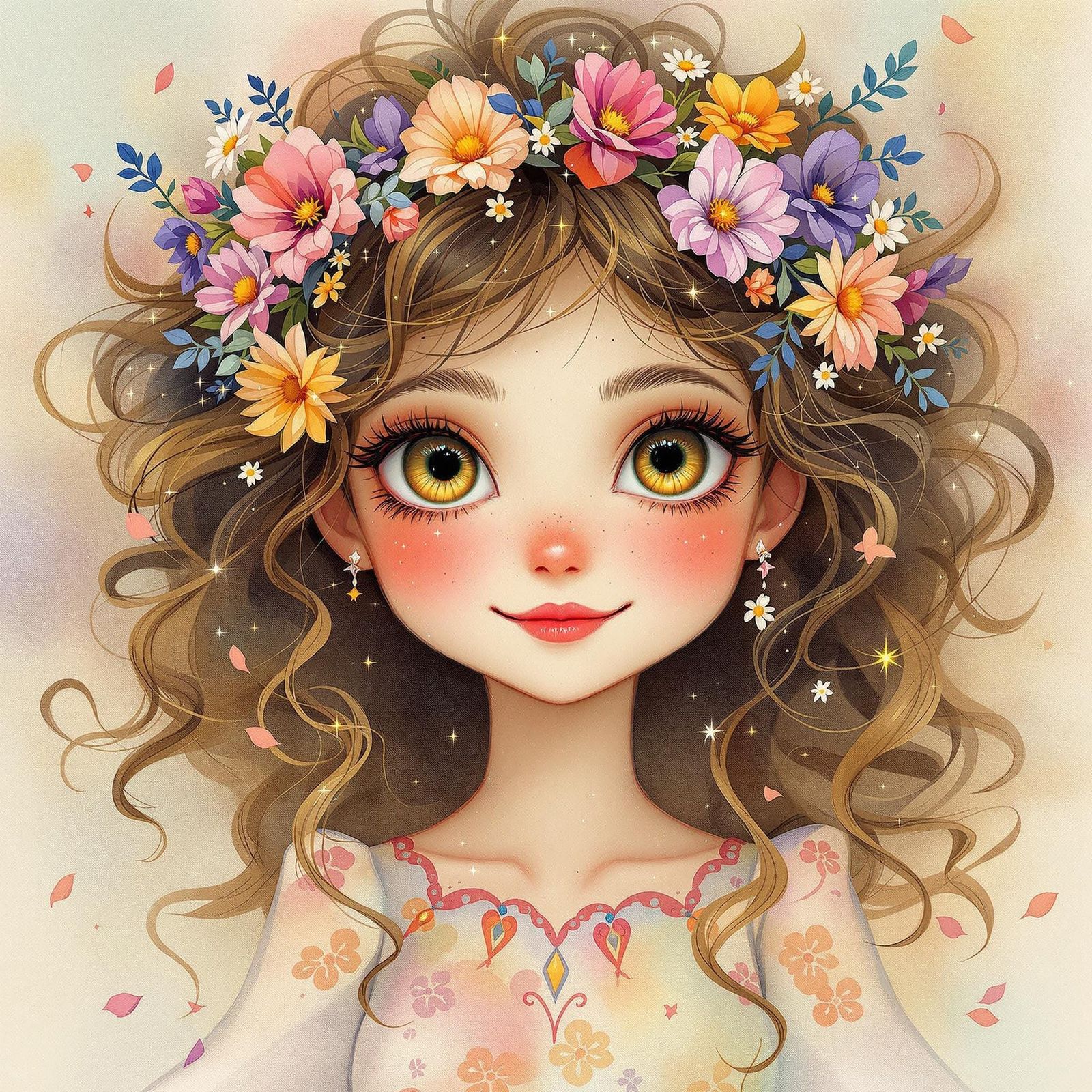 Enchanting Girl with Flowers, Watercolor Style