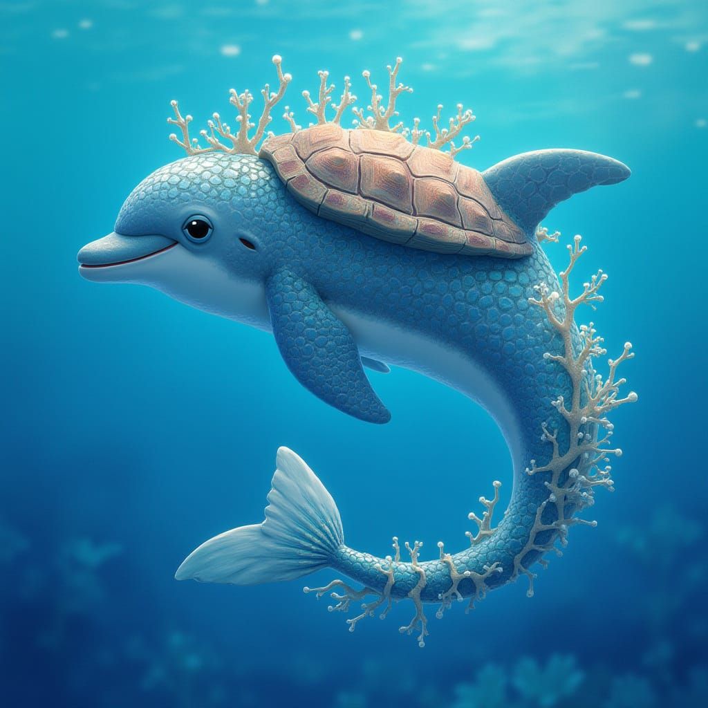 Dolphin with Vibrant Seashell Hair in Tropical Ocean