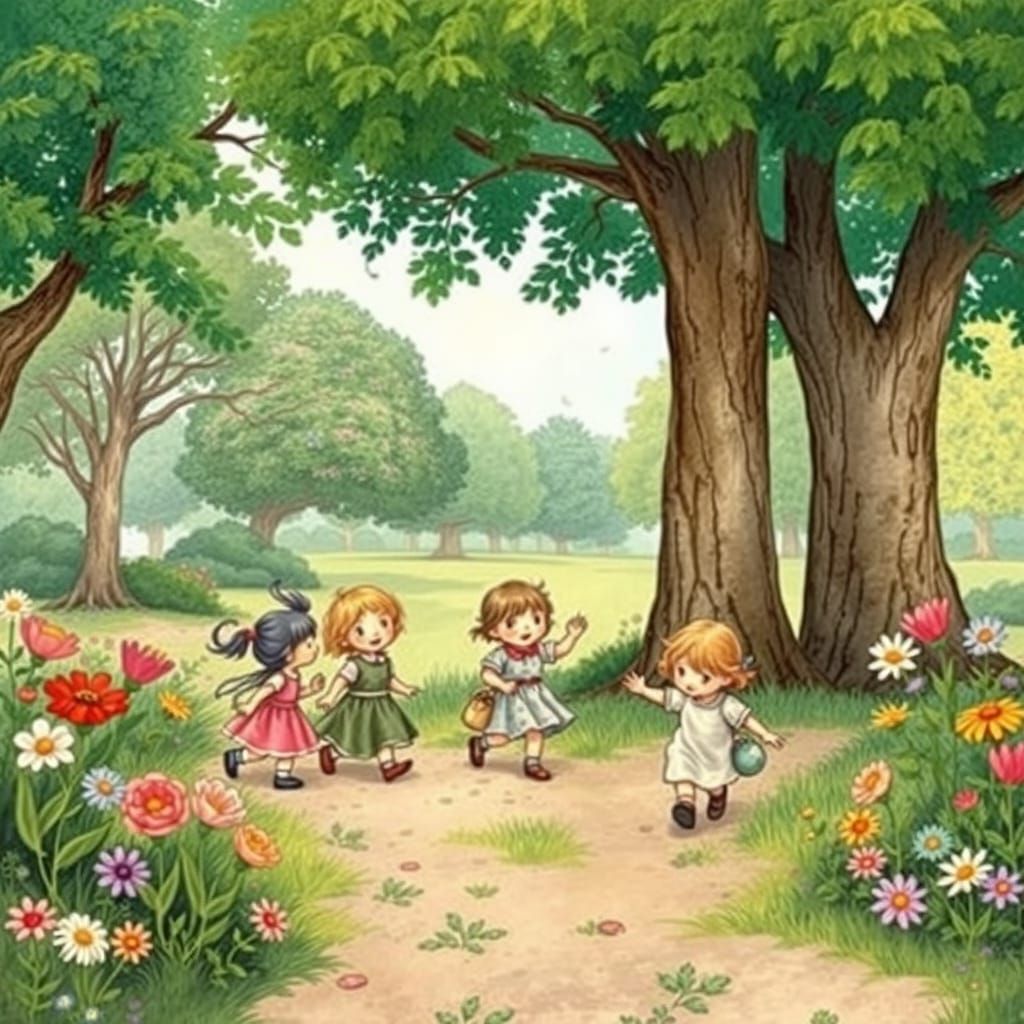 Children Play in a Vibrant Storybook Park