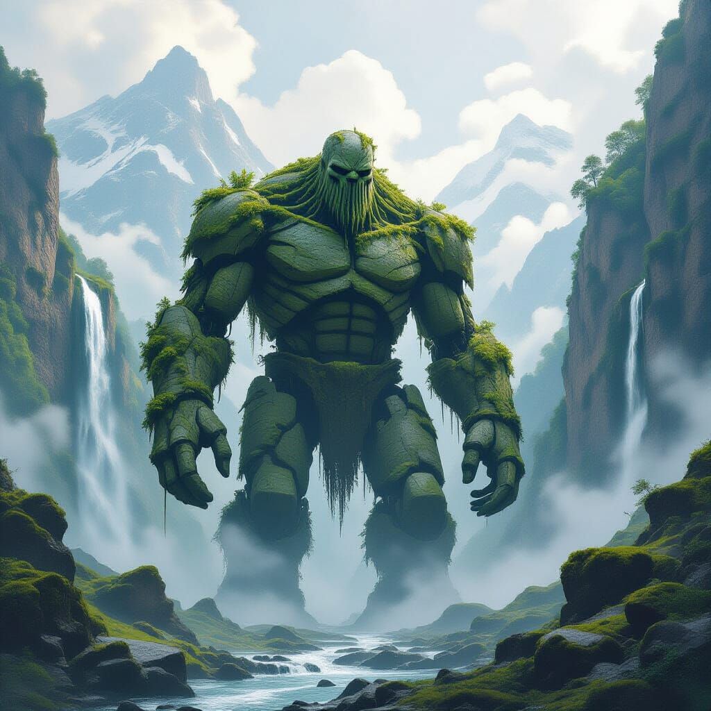 Ancient Stone Golem in Misty Mountain Valley
