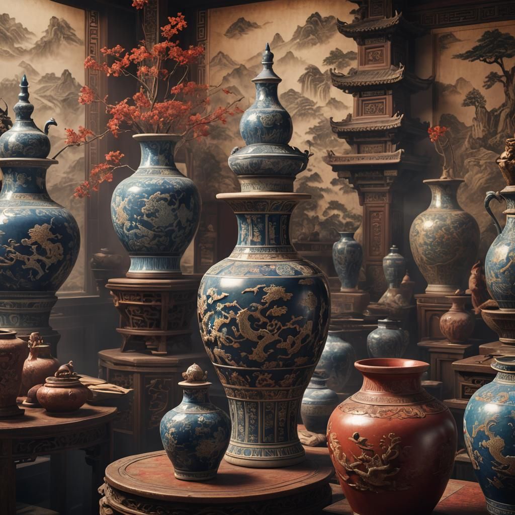 Ming Vase in Museum: Detailed Matte Painting