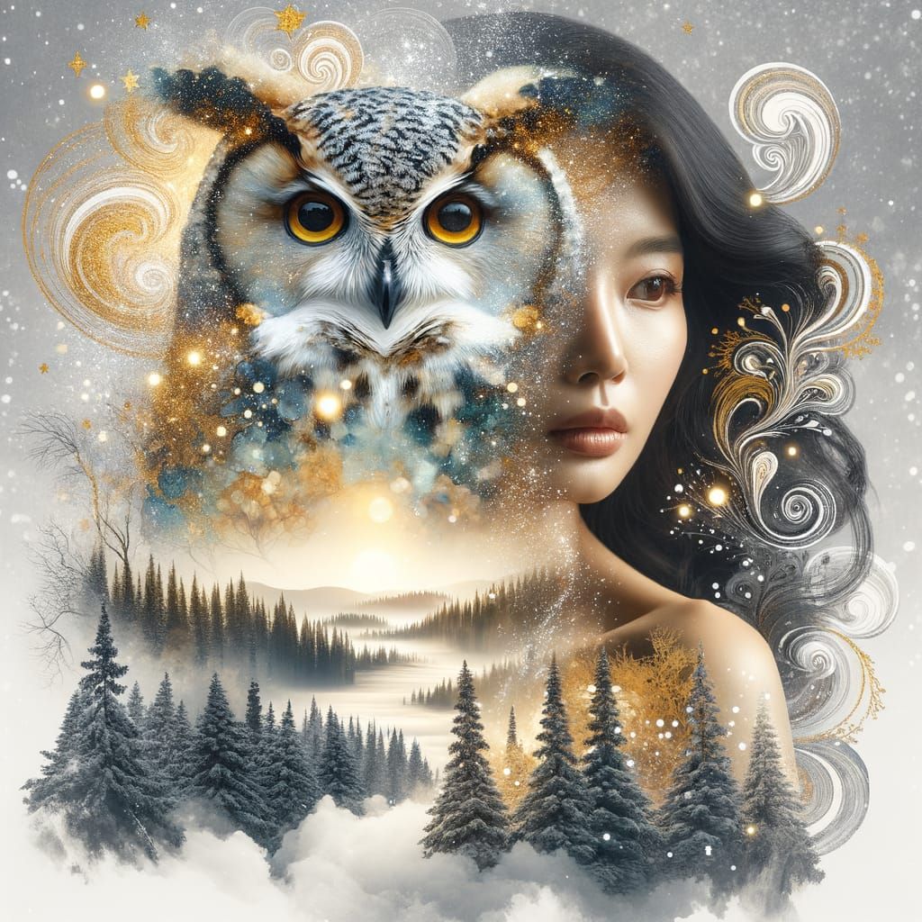 Double Exposure Portrait: Snowy Owl in Alcohol Ink