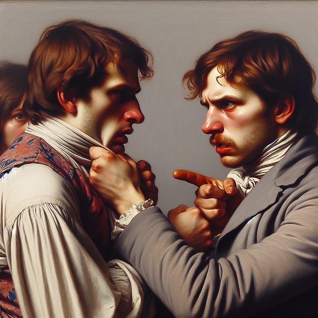 Tense Accusation Scene as Oil Painting