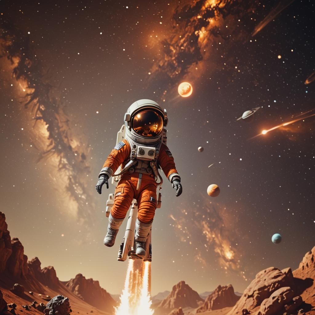 Mini Astronaut on Rocket Approaching Ringed Planet