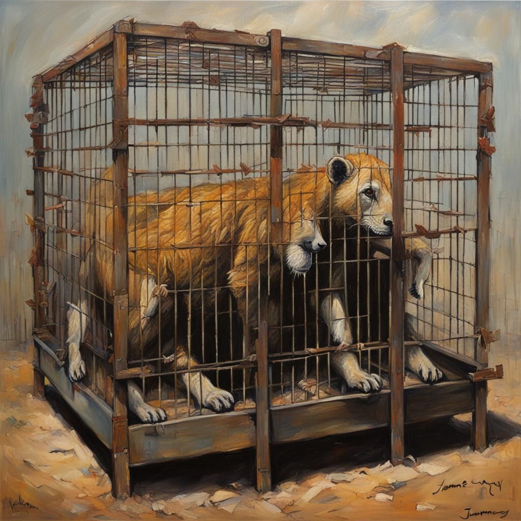 Distressed Animals in Cages: Oil Painting