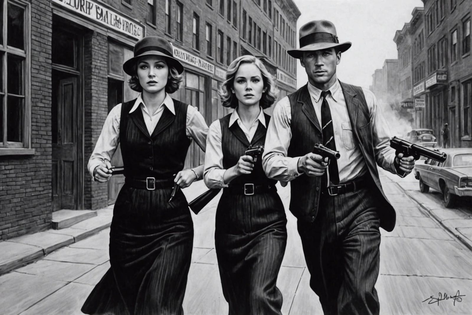 Bonnie and Clyde: Charcoal Drawing of a Bank Heist