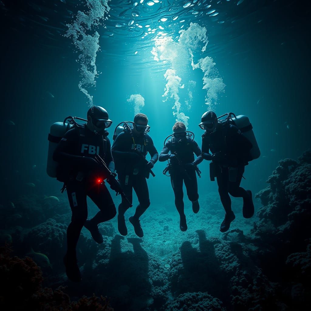 FBI CSI Team Examines Underwater Crime Scene in Dark, Indust...