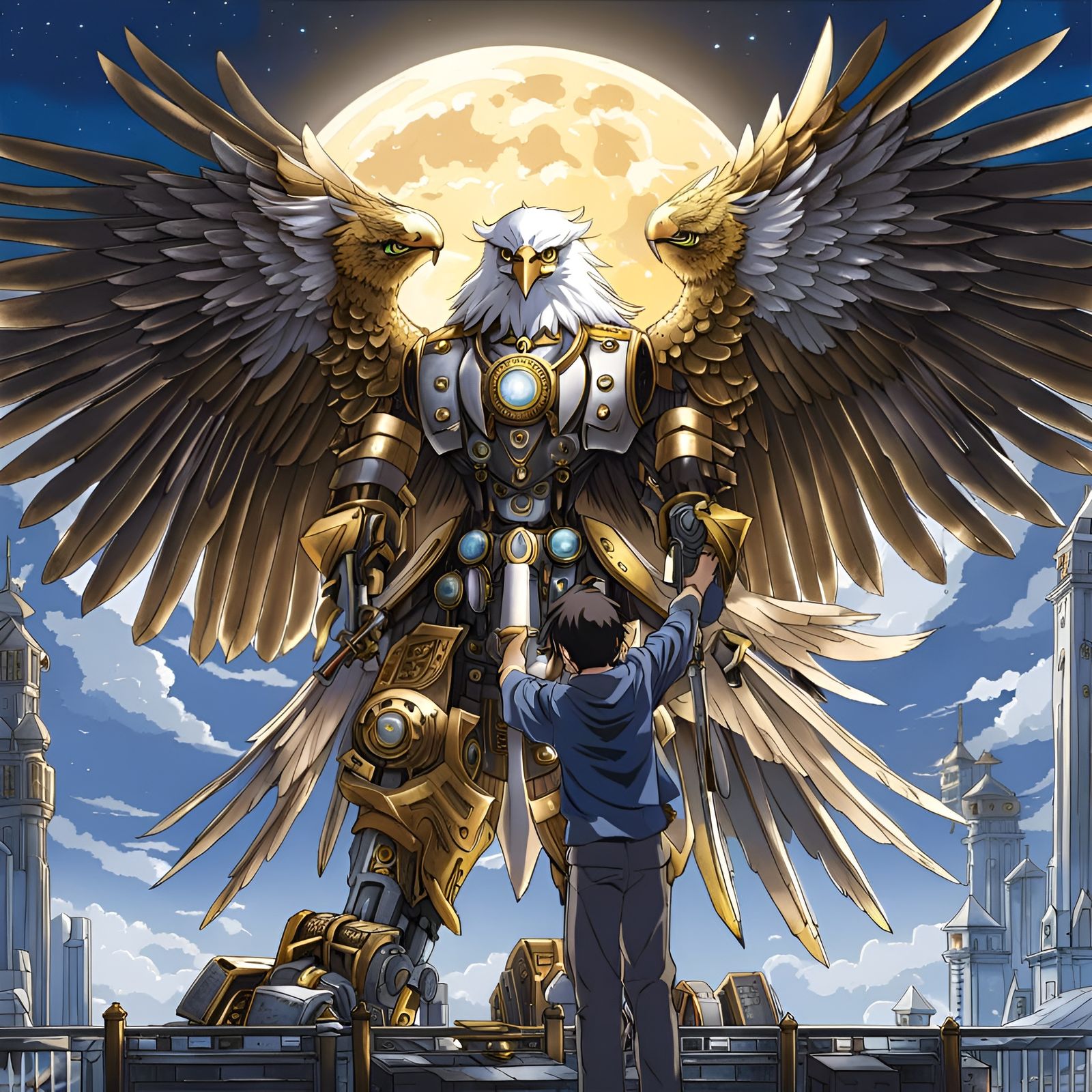 Majestic Robotic Eagle and Man under Moon