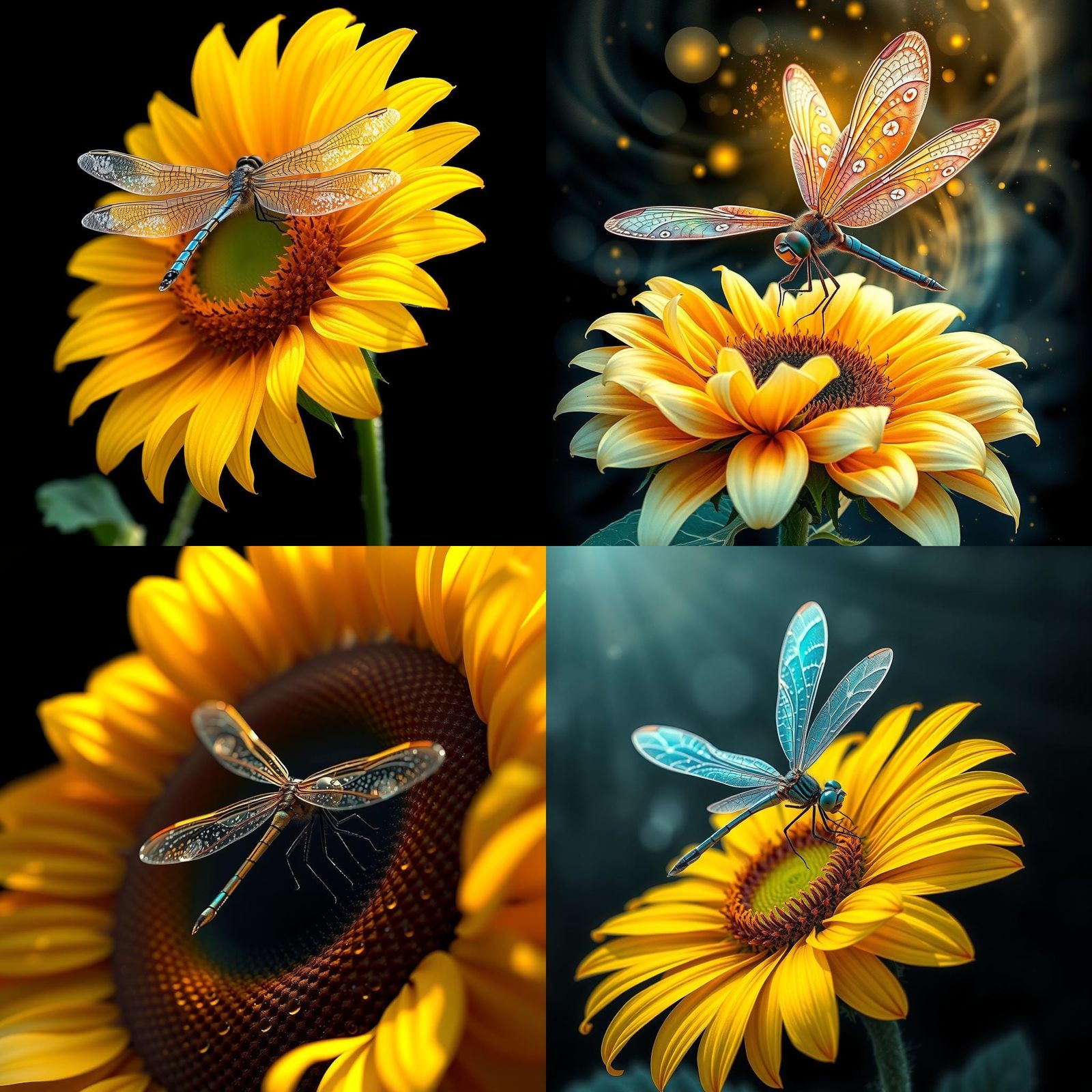 Watercolor Dragonfly on Sunflower in Street Graffiti Style