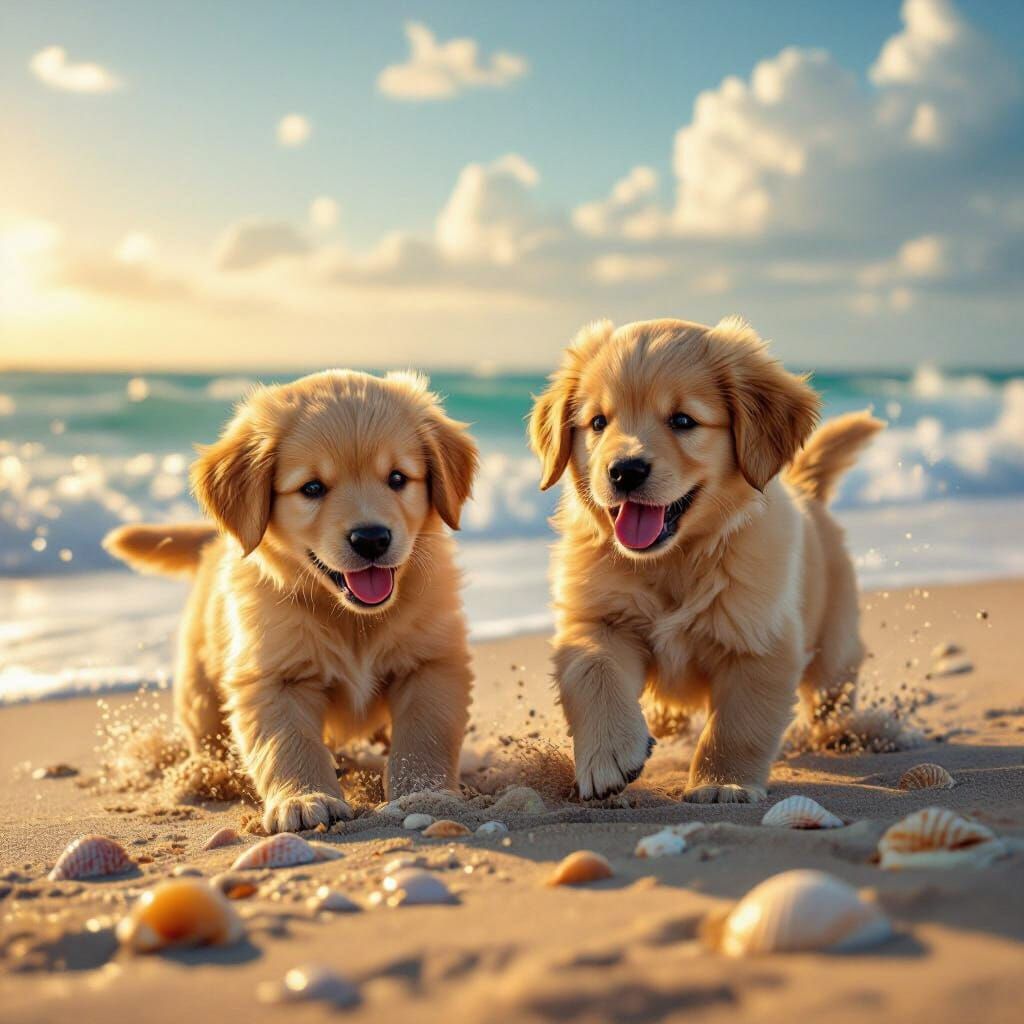 Golden Retriever Puppies Play on Sunlit Beach