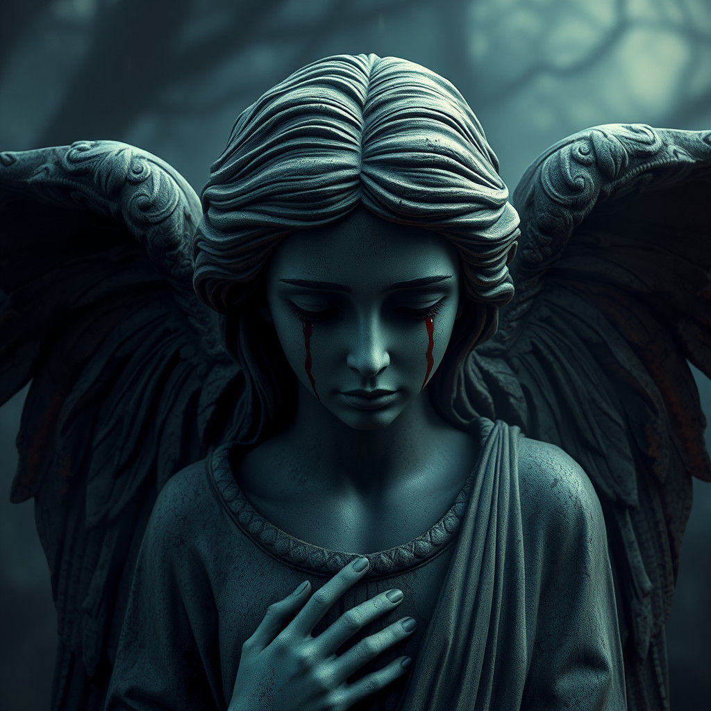 Sorrowful Stone Angel Statue in Mist-Shrouded Graveyard