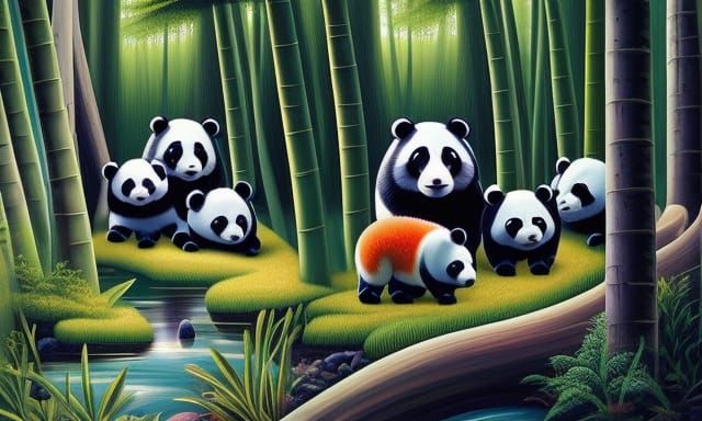 Pandas Play in Bamboo Forest: Whimsical Digital Art