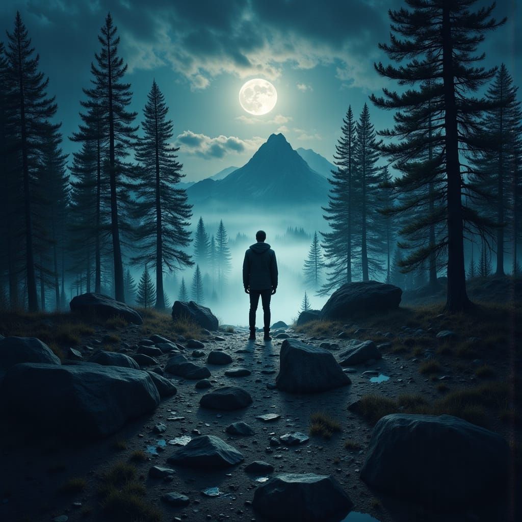 Man in Aura on Moonlit Mountaintop