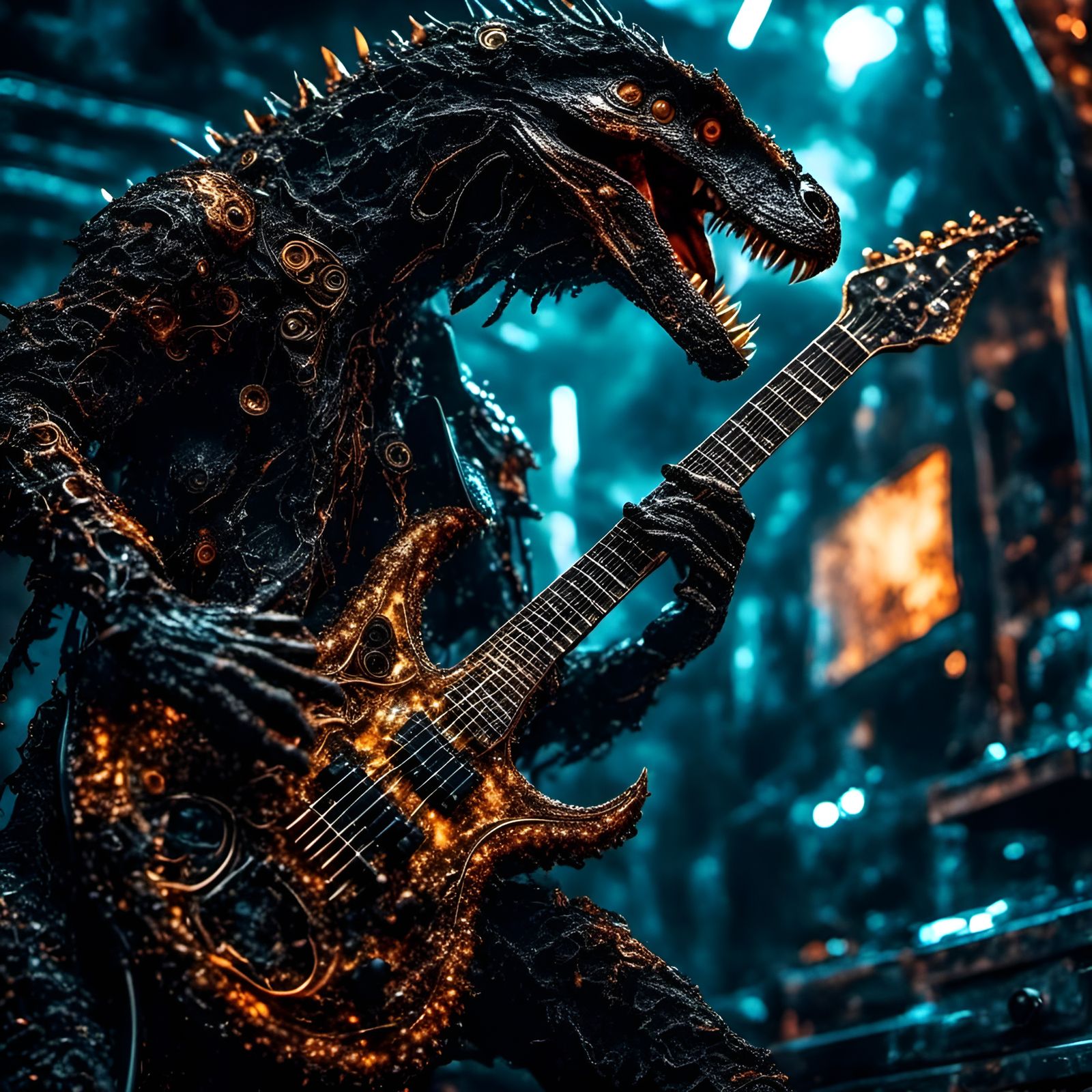 Punk Rock Raptor Guitarist: Hyperrealistic Digital Painting