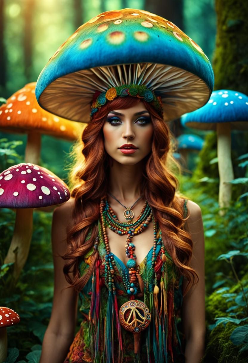 Mushroom Fairy with Hippie Symbol in Digital Art
