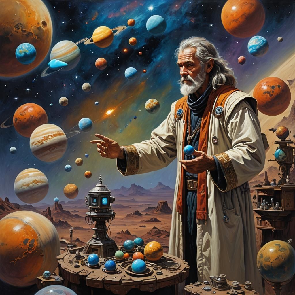 Cosmic Merchant Selling Planets as Oil Painting