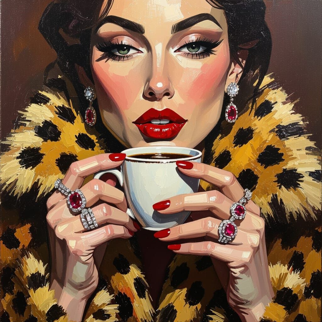 Woman Drinking Coffee in Expressive Oil Painting Style