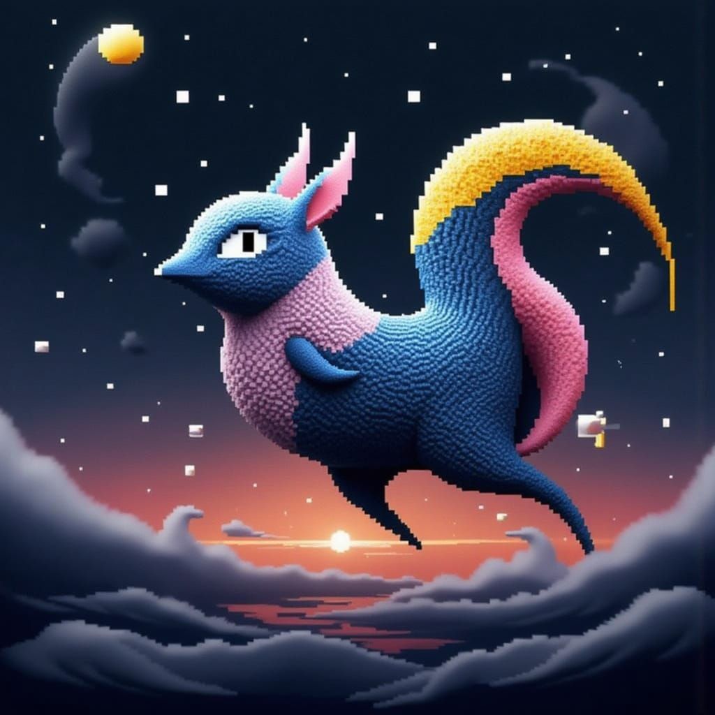 Origami Squirrel Soaring in Starlit Sky: Digital Art