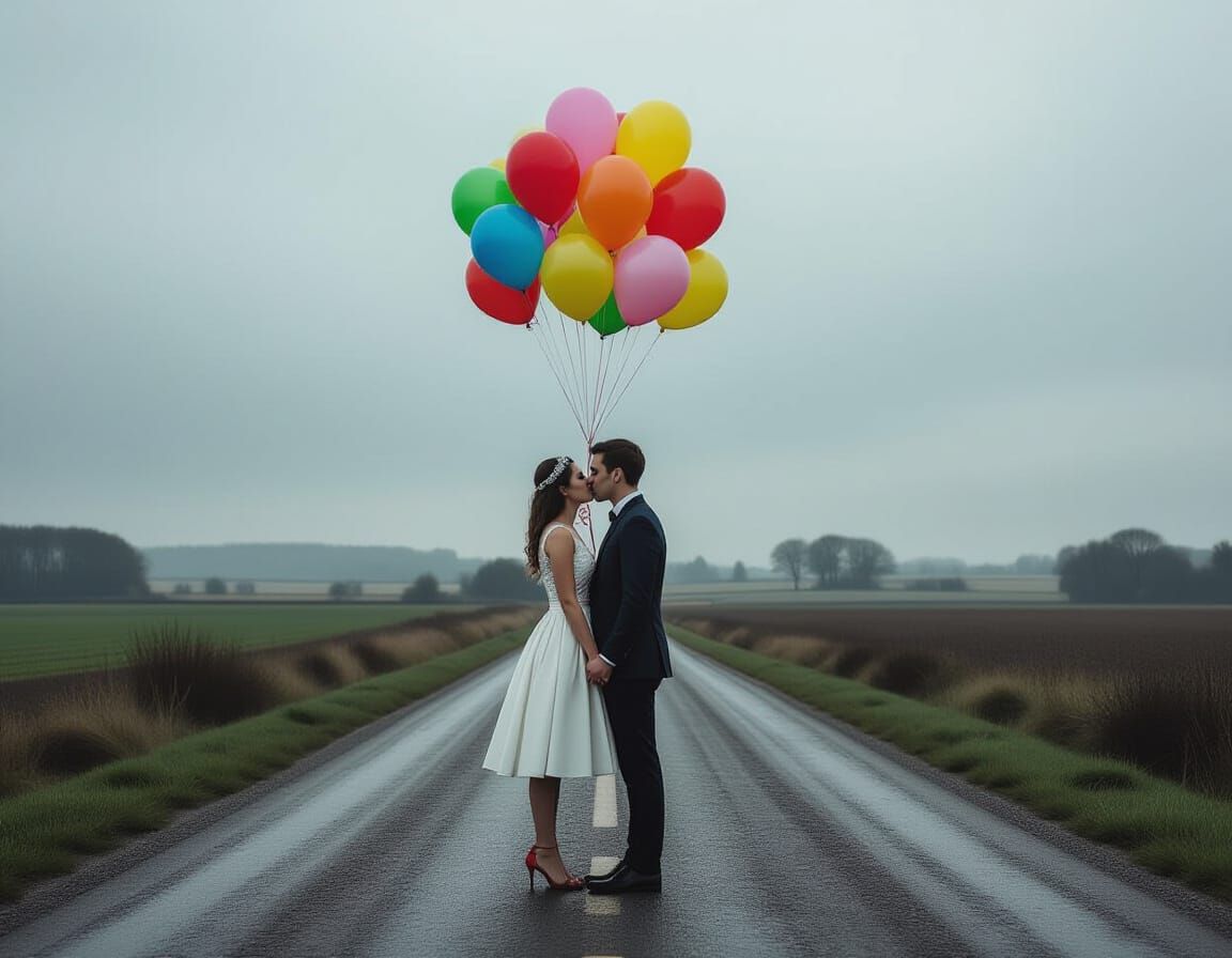 Kissing Couple with Balloons in Selective Color