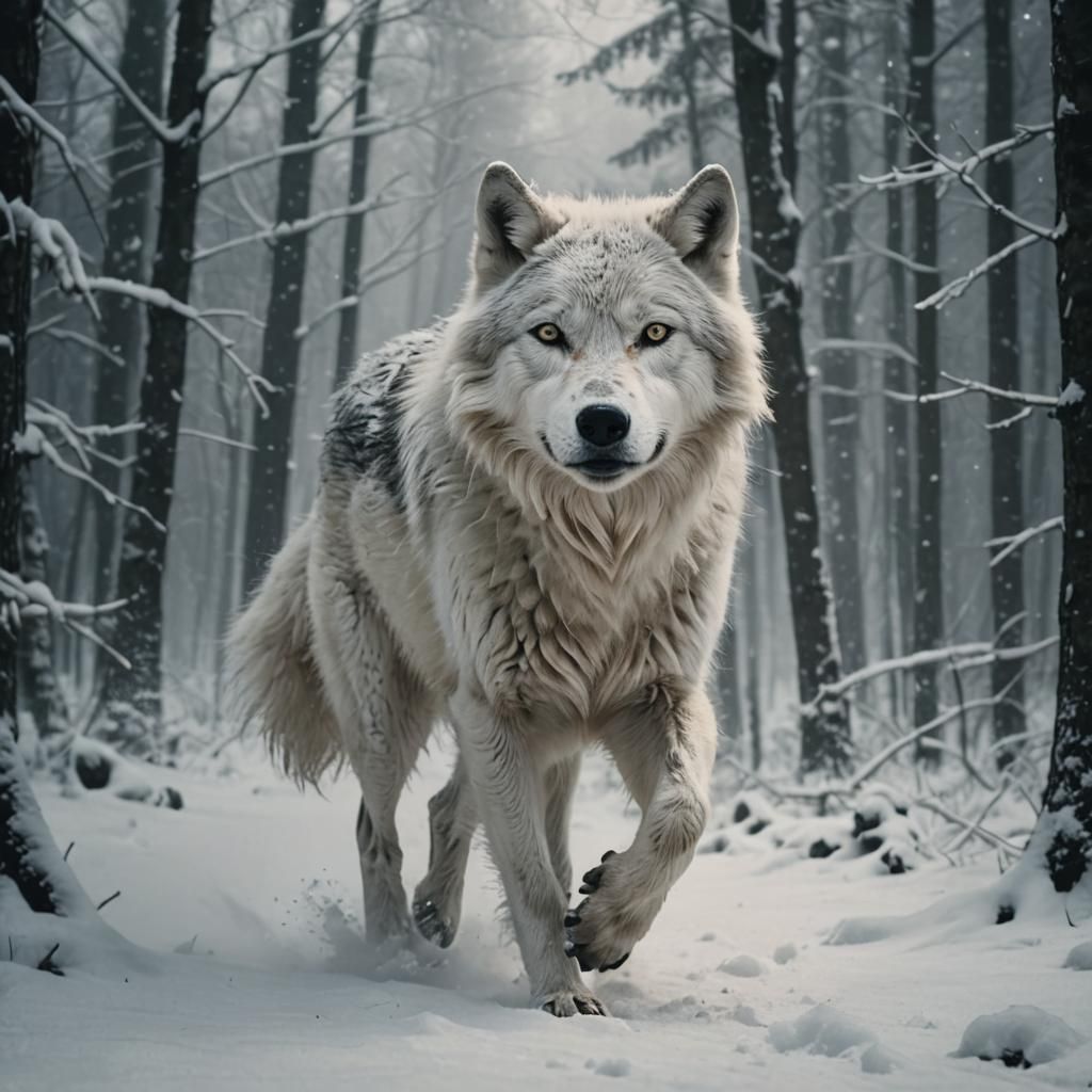 White Wolf in Snowy Forest: Monochrome Film Still