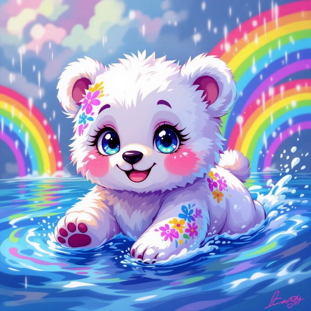 Rainbow Polar Bear Cub in Lisa Frank Style
