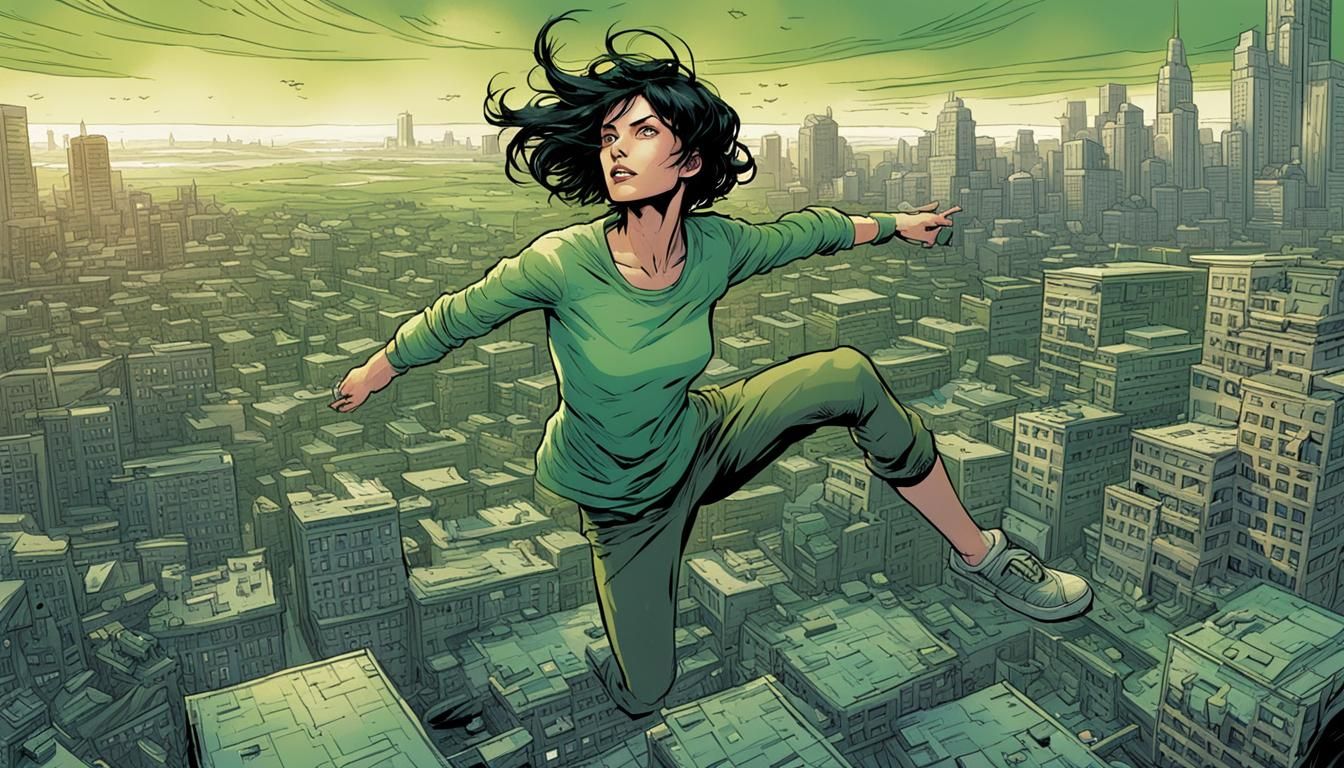 Woman Floating Above City: Comic Book Art