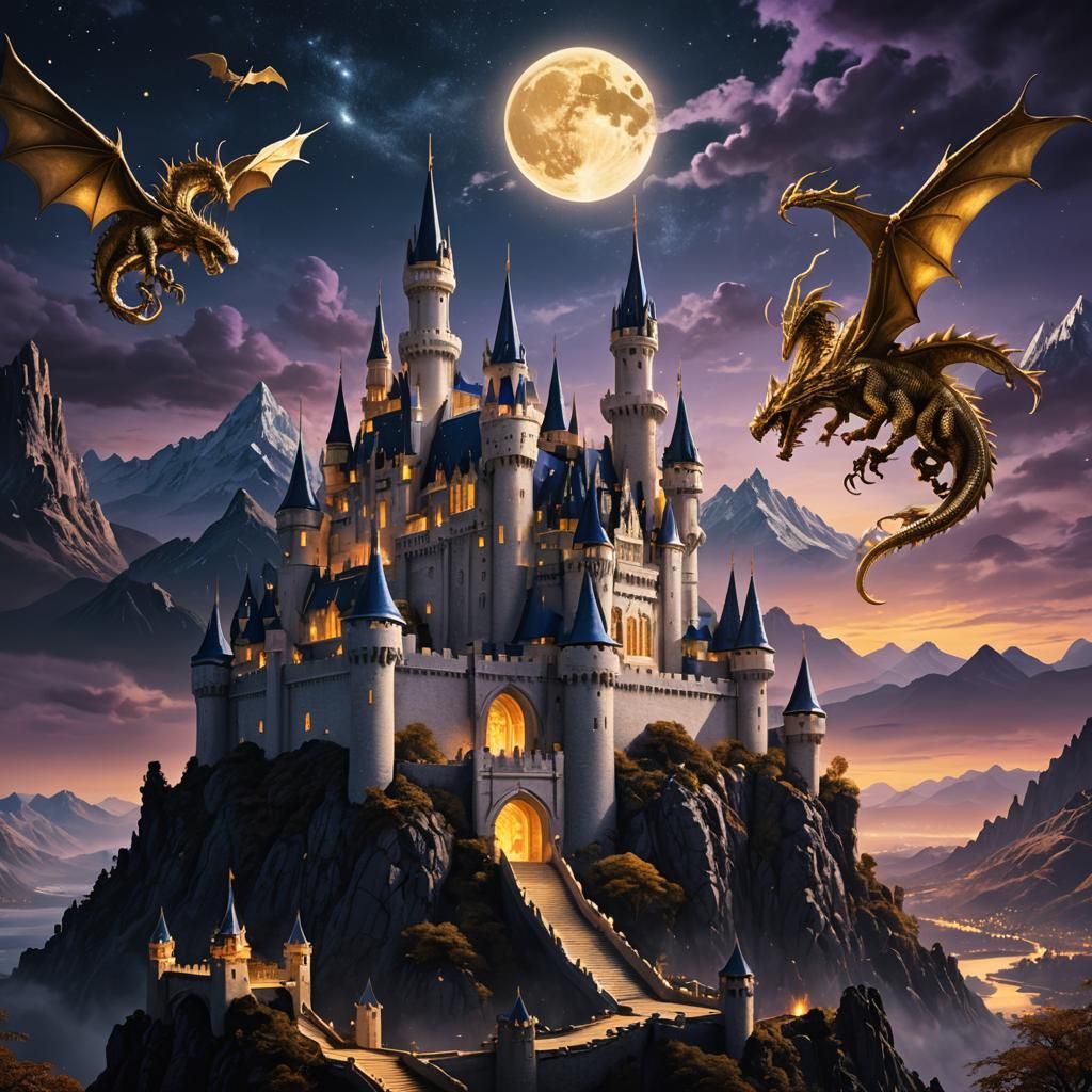Majestic White Castle with Dragons in Fantasy Landscape