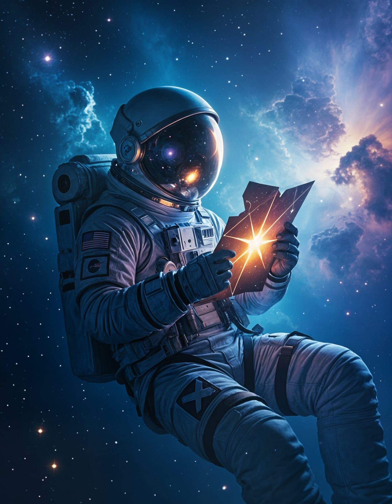 Astronaut Drifting in Nebula with Star Map