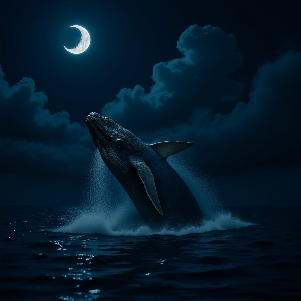 Blue Whale Breaching at Night Under Crescent Moon