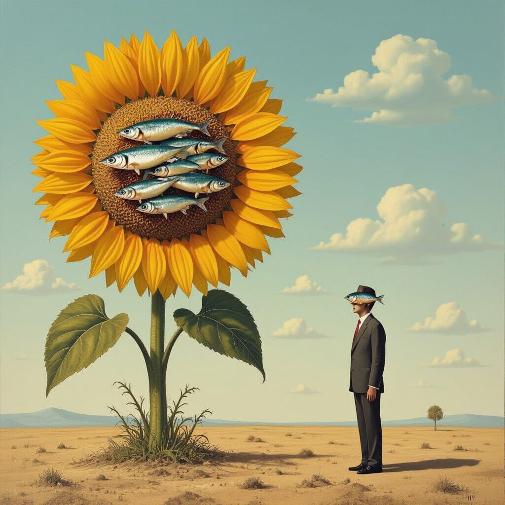 Surreal Giant Sunflowers and Anchovy-Faced Man