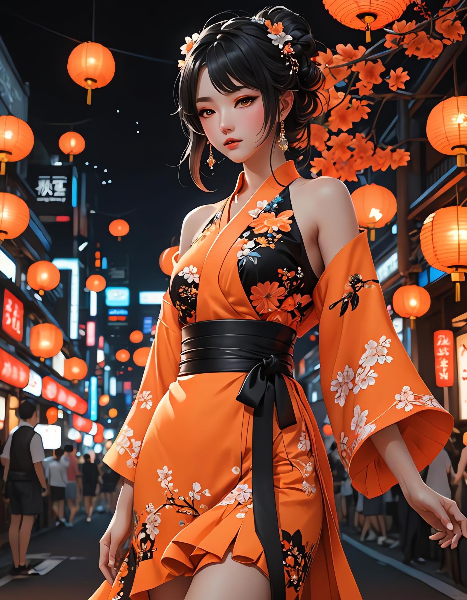 Neon Orange Kimono Dress in 3D Anime Style