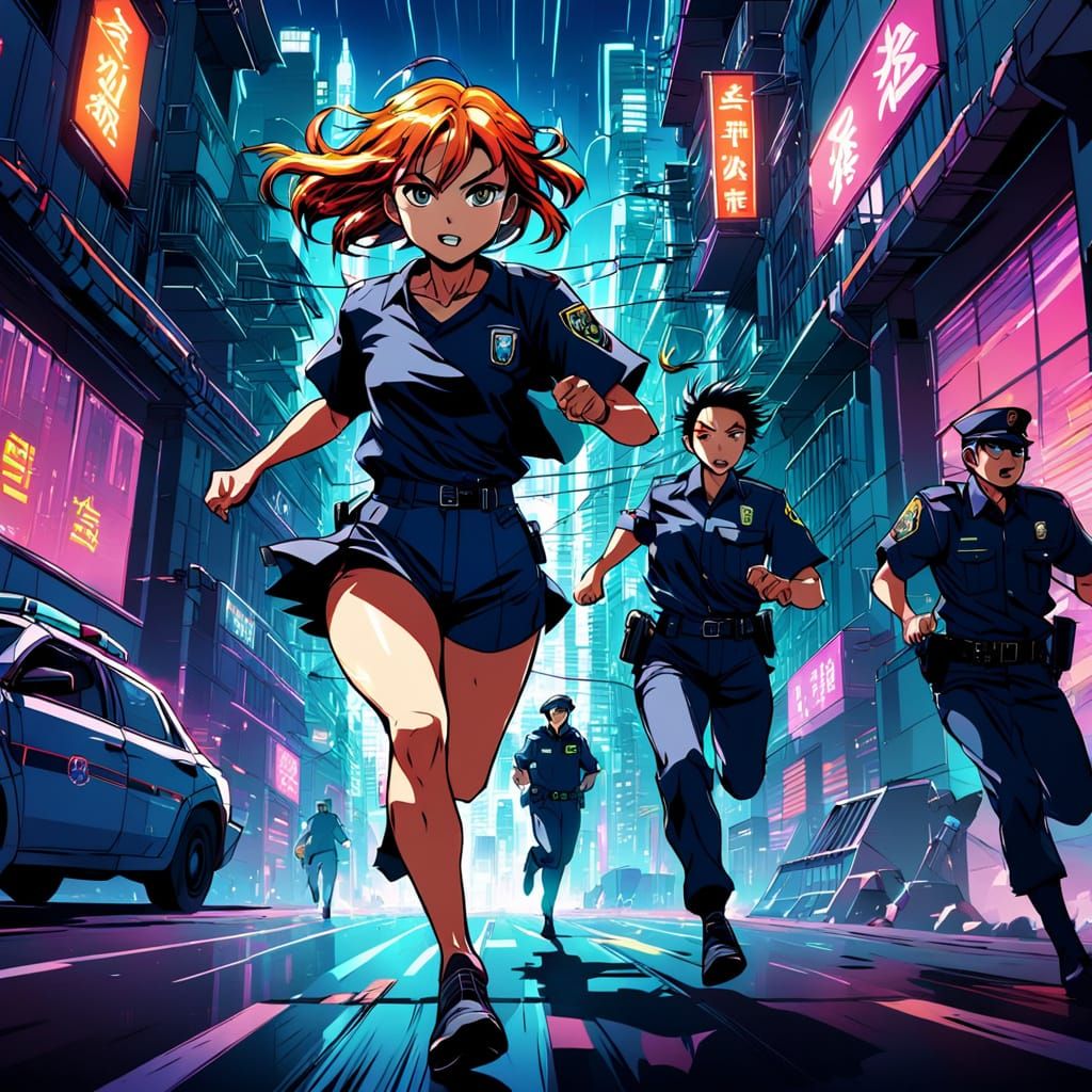 Vibrant Anime Lady Makes Daring Escape in Neon City