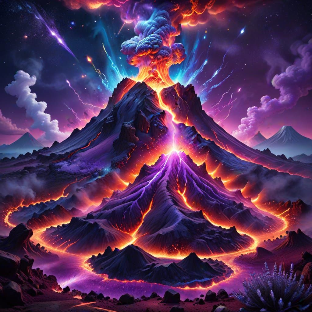 Volcano Eruption with Lavender Lava: Cosmic Illustration