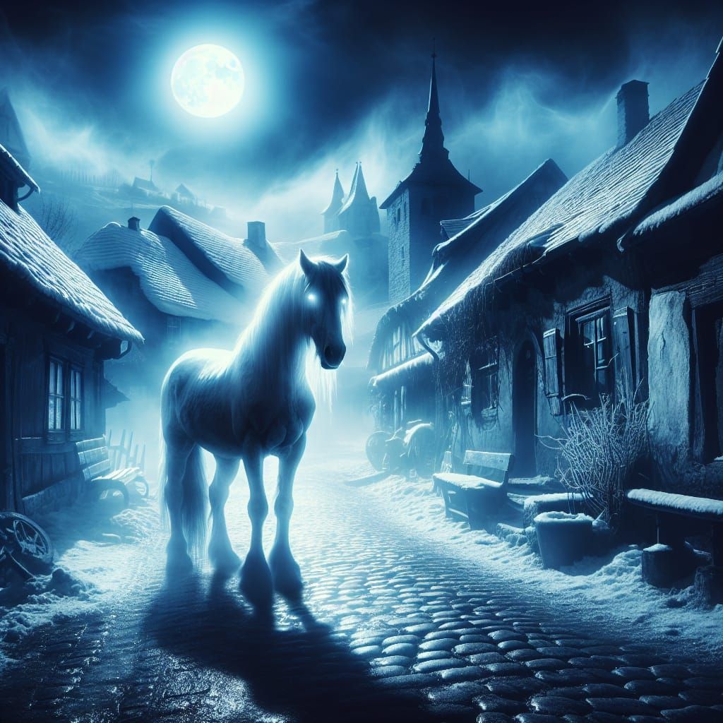 Ethereal Horse in Foggy Village, Dark Fantasy Scene
