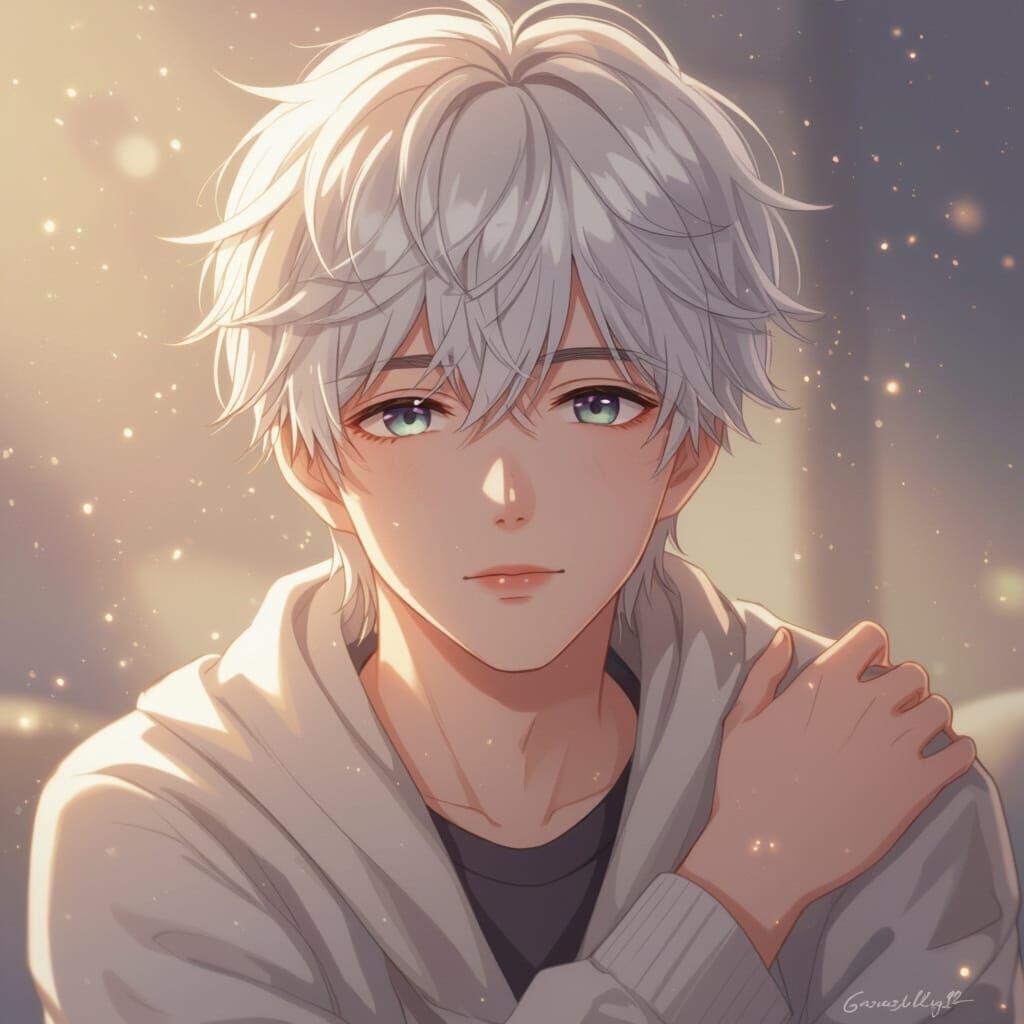 Anime Man with Fluffy White Hair in Gentle Light