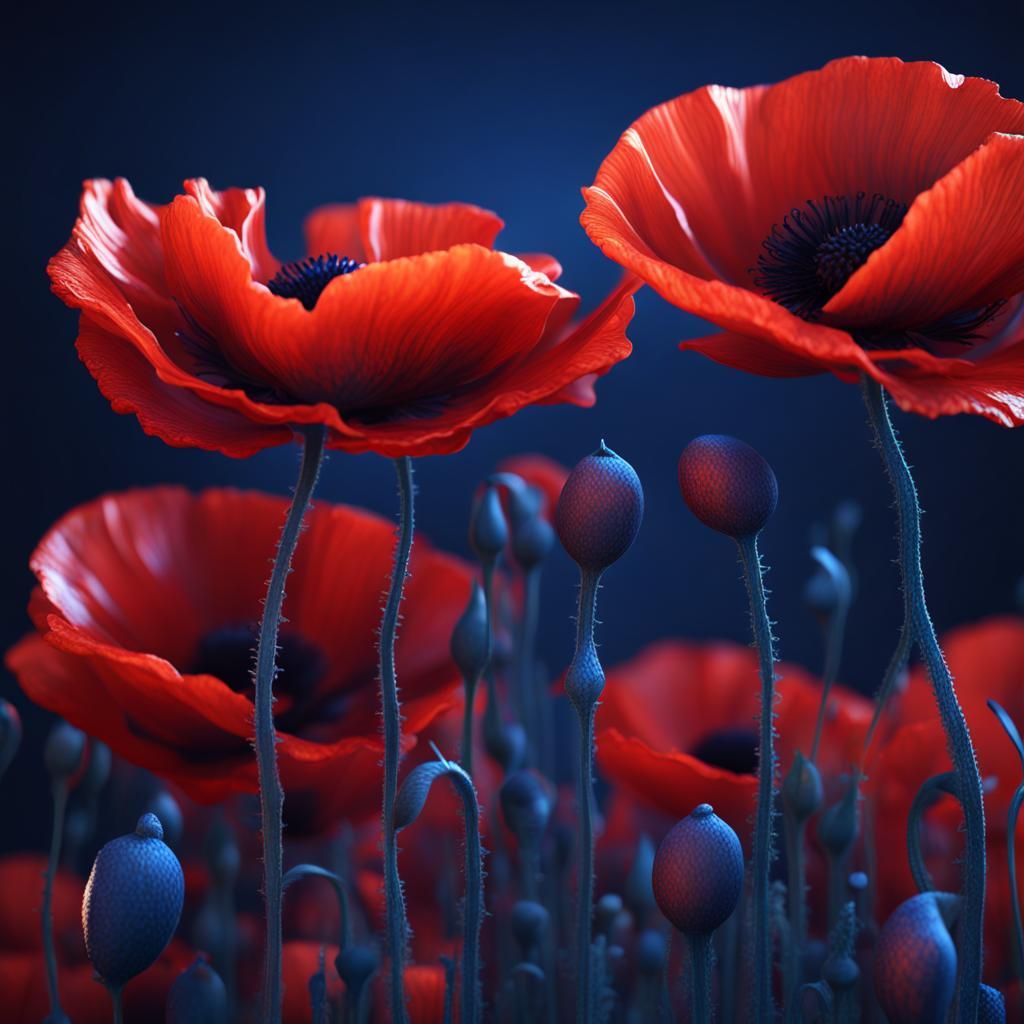Abstract Poppy with Dark Blue Background: Fantasy Art