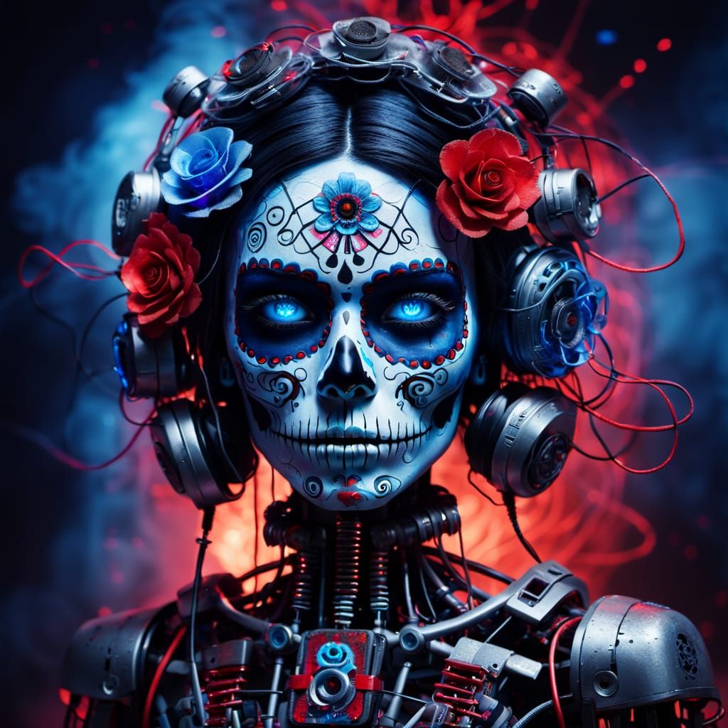 Robotic La Catrina with Sugar Skull Paint in Neon Lab